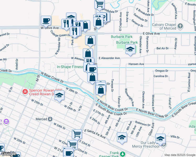 map of restaurants, bars, coffee shops, grocery stores, and more near 2931 G Street in Merced