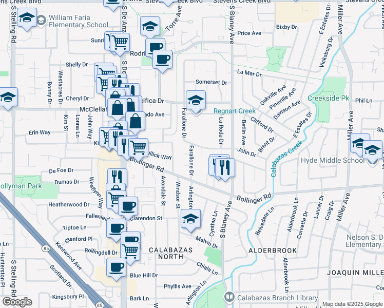 map of restaurants, bars, coffee shops, grocery stores, and more near 10706 Farallone Drive in Cupertino