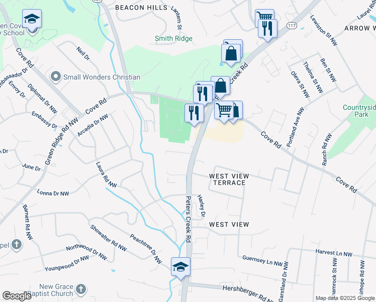 map of restaurants, bars, coffee shops, grocery stores, and more near 2328 Peters Creek Road in Roanoke