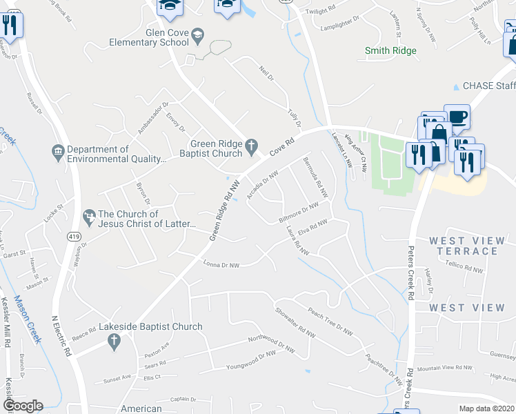 map of restaurants, bars, coffee shops, grocery stores, and more near 4751 Biltmore Drive Northwest in Roanoke