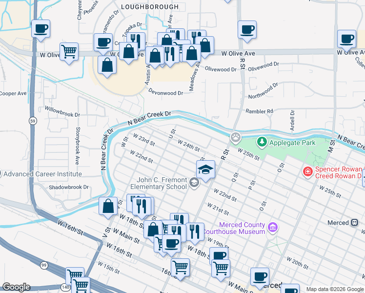 map of restaurants, bars, coffee shops, grocery stores, and more near 1312 West 24th Street in Merced