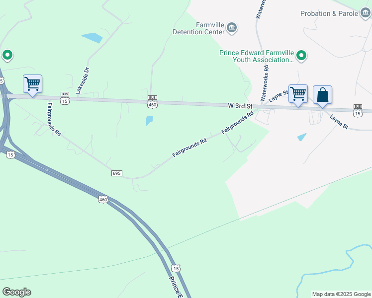 map of restaurants, bars, coffee shops, grocery stores, and more near 382 Fairgrounds Road in Farmville