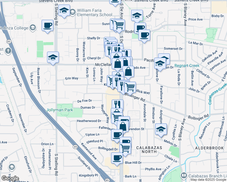 map of restaurants, bars, coffee shops, grocery stores, and more near 7337 Bollinger Road in Cupertino