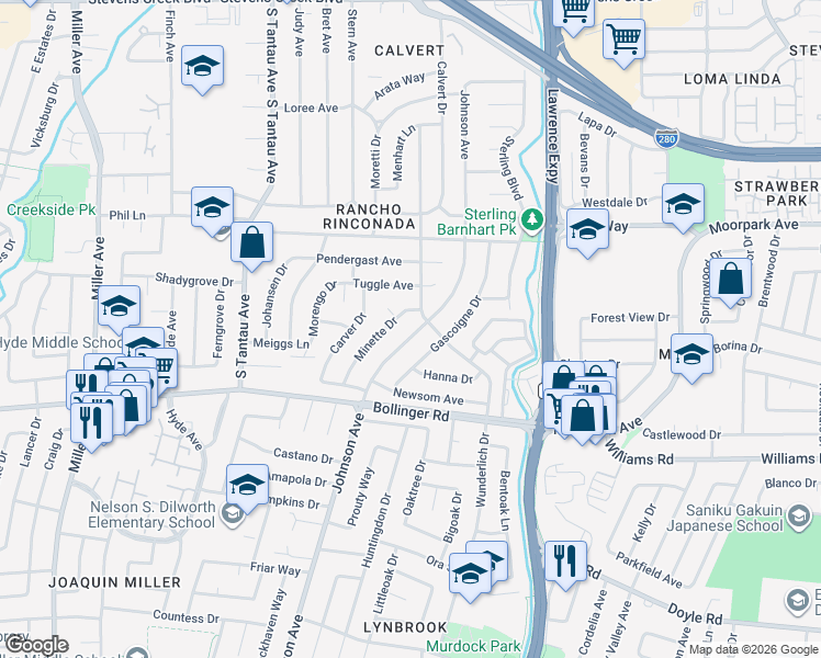 map of restaurants, bars, coffee shops, grocery stores, and more near 10691 Johnson Ave in Cupertino