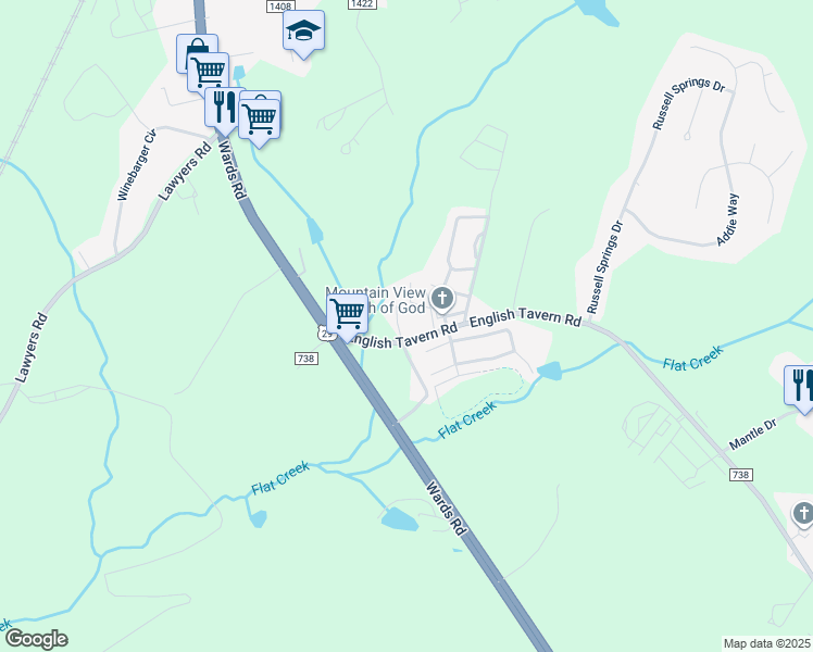 map of restaurants, bars, coffee shops, grocery stores, and more near 2681 English Tavern Road in Lynchburg