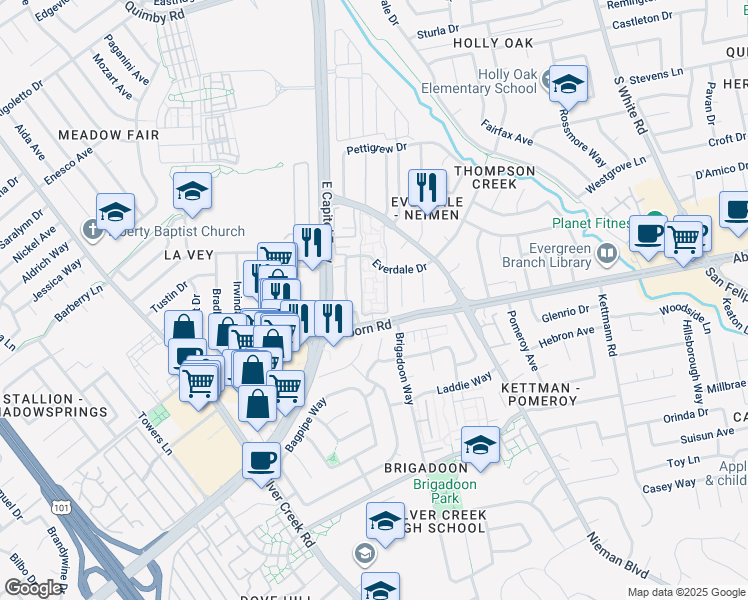 map of restaurants, bars, coffee shops, grocery stores, and more near 2175 Aborn Road in San Jose
