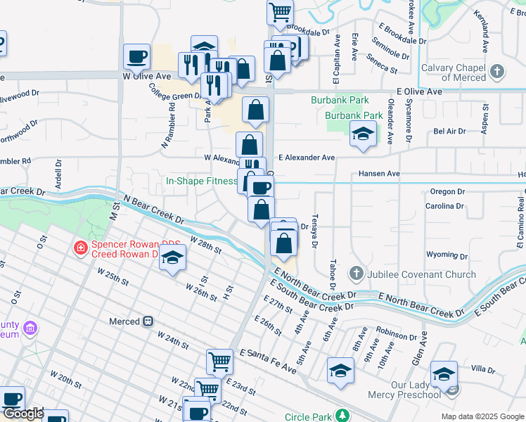 map of restaurants, bars, coffee shops, grocery stores, and more near 2931 G Street in Merced