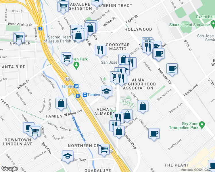 map of restaurants, bars, coffee shops, grocery stores, and more near 1382 Locust Street in San Jose