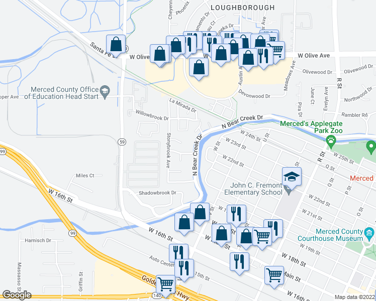 map of restaurants, bars, coffee shops, grocery stores, and more near 1813 Creekside Drive in Merced