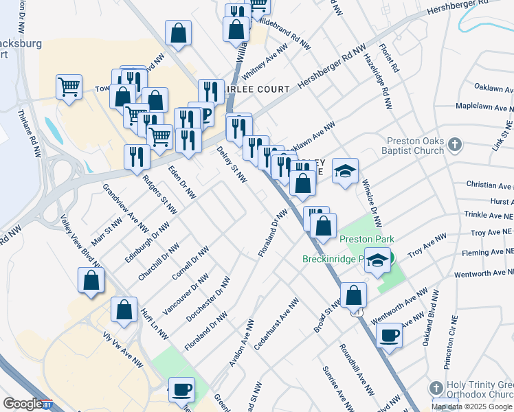 map of restaurants, bars, coffee shops, grocery stores, and more near 4512 Delray Street Northwest in Roanoke