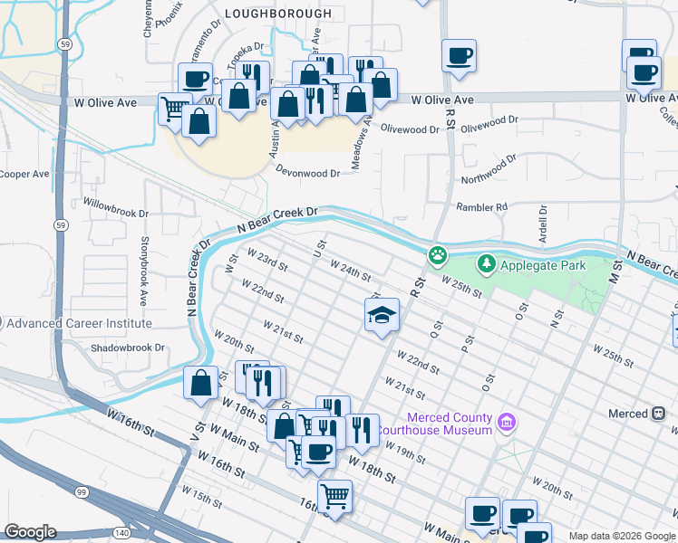map of restaurants, bars, coffee shops, grocery stores, and more near 1312 West 24th Street in Merced
