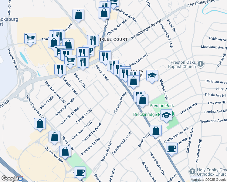 map of restaurants, bars, coffee shops, grocery stores, and more near 4512 Delray Street Northwest in Roanoke