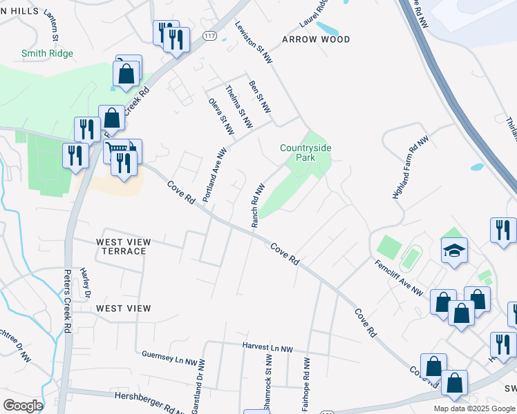 map of restaurants, bars, coffee shops, grocery stores, and more near 2213 Ranch Rd NW in Roanoke