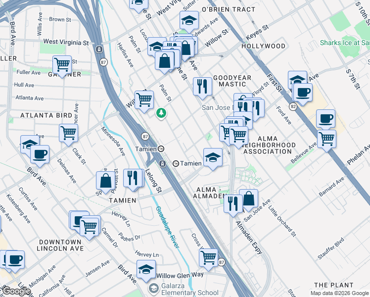 map of restaurants, bars, coffee shops, grocery stores, and more near 1298 Lick Avenue in San Jose