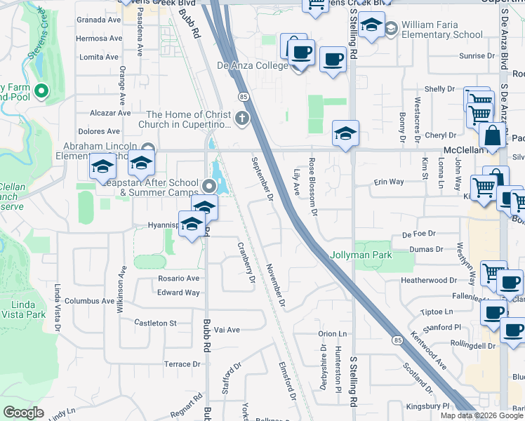 map of restaurants, bars, coffee shops, grocery stores, and more near 7935 Fall Court in Cupertino