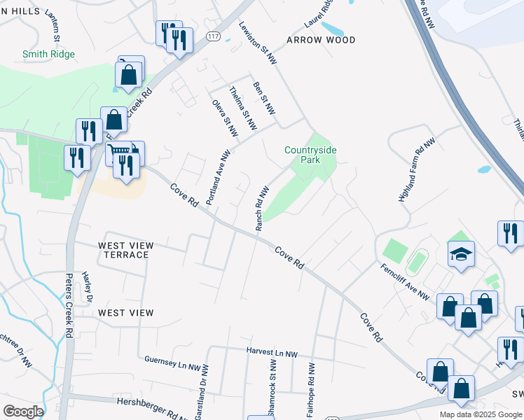 map of restaurants, bars, coffee shops, grocery stores, and more near 2213 Ranch Road Northwest in Roanoke