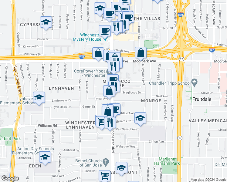 map of restaurants, bars, coffee shops, grocery stores, and more near 822 South Winchester Boulevard in San Jose