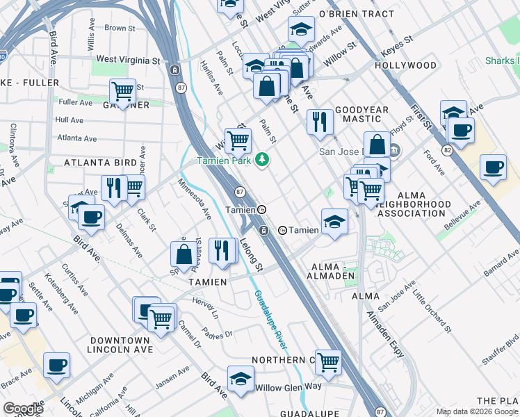 map of restaurants, bars, coffee shops, grocery stores, and more near 1355 Lick Avenue in San Jose