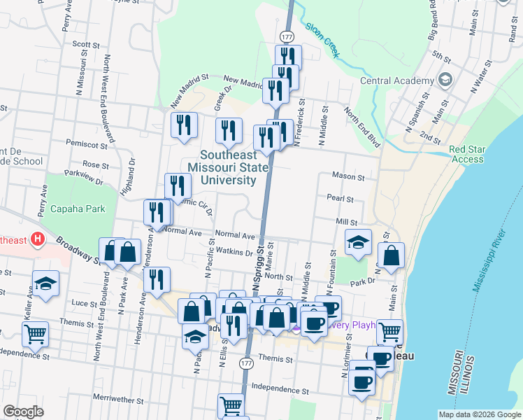 map of restaurants, bars, coffee shops, grocery stores, and more near 535 North Sprigg Street in Cape Girardeau