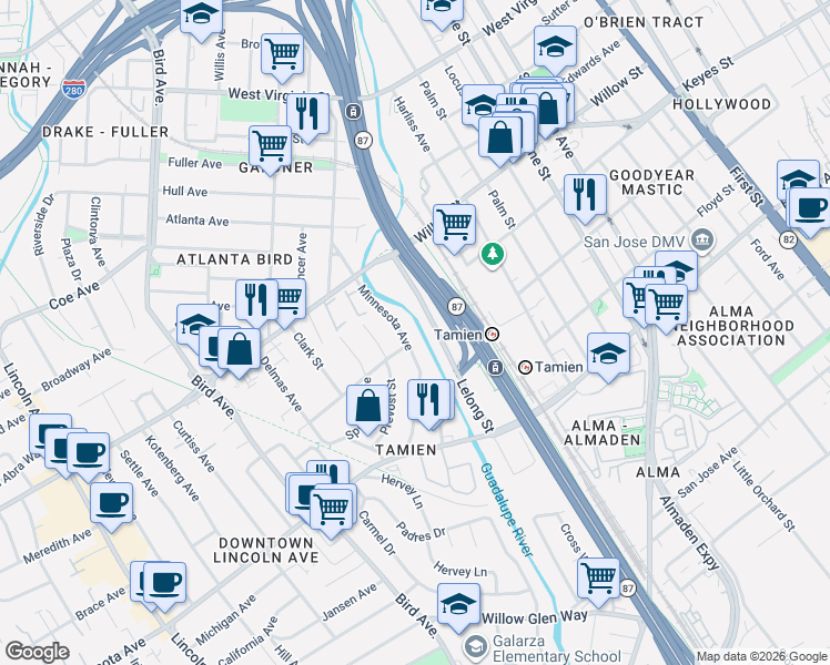 map of restaurants, bars, coffee shops, grocery stores, and more near 540 Minnesota Avenue in San Jose