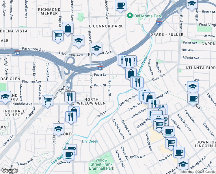 map of restaurants, bars, coffee shops, grocery stores, and more near in San Jose