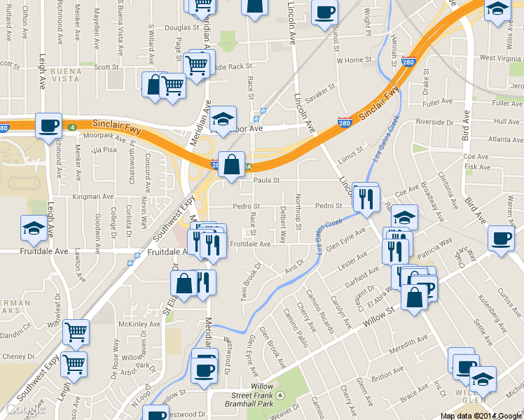 map of restaurants, bars, coffee shops, grocery stores, and more near 810 Race Street in San Jose