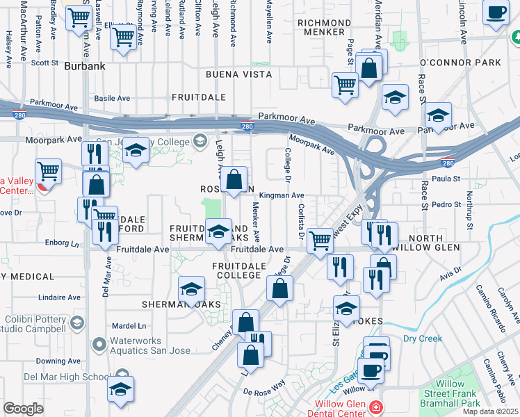 map of restaurants, bars, coffee shops, grocery stores, and more near 778 Menker Avenue in San Jose
