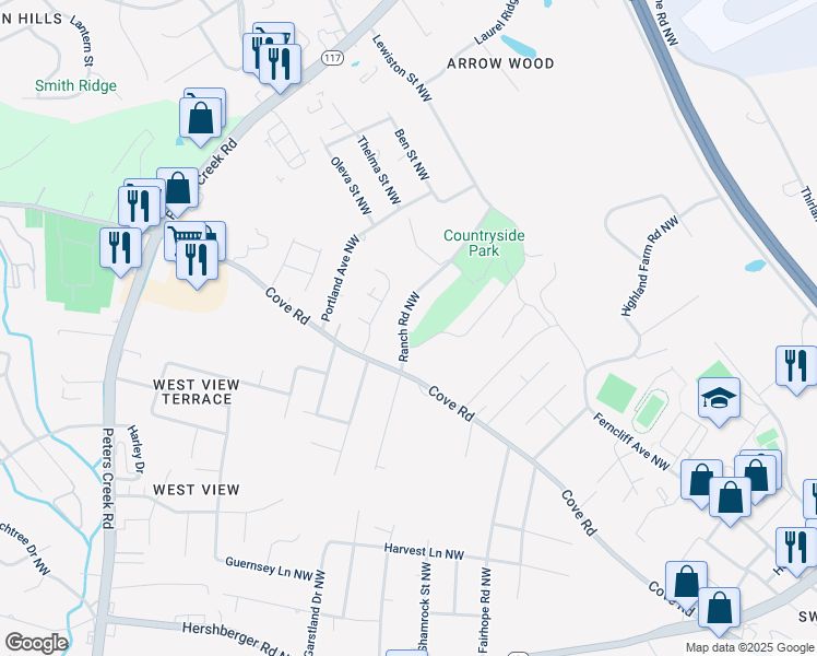 map of restaurants, bars, coffee shops, grocery stores, and more near 2213 Ranch Road Northwest in Roanoke
