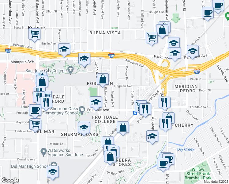 map of restaurants, bars, coffee shops, grocery stores, and more near 778 Menker Avenue in San Jose