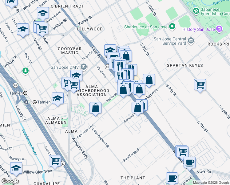 map of restaurants, bars, coffee shops, grocery stores, and more near 63 Bellevue Avenue in San Jose