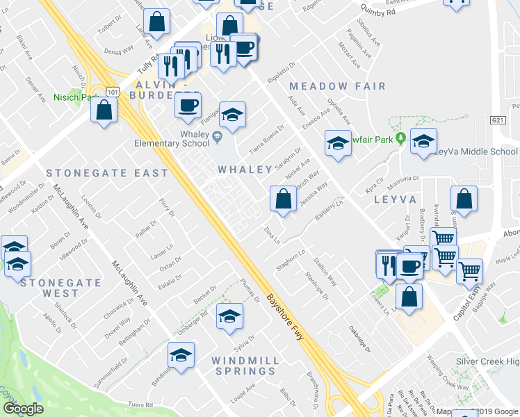 map of restaurants, bars, coffee shops, grocery stores, and more near 2728 Flagstad Court in San Jose