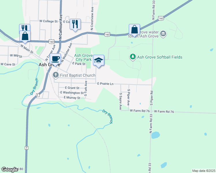 map of restaurants, bars, coffee shops, grocery stores, and more near 621 E Prairie Ln in Ash Grove