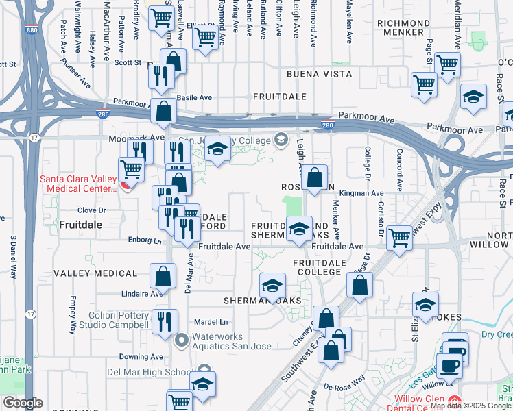 map of restaurants, bars, coffee shops, grocery stores, and more near 1919 Fruitdale Avenue in San Jose