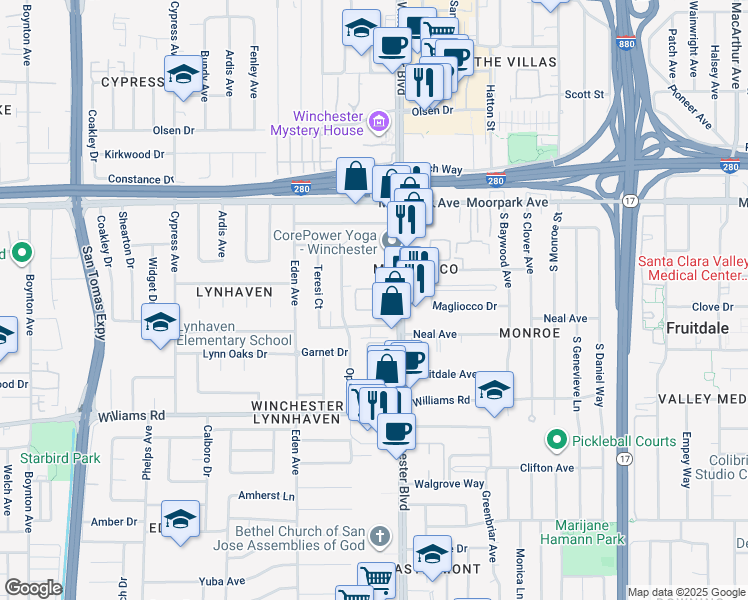 map of restaurants, bars, coffee shops, grocery stores, and more near 801 South Winchester Boulevard in San Jose