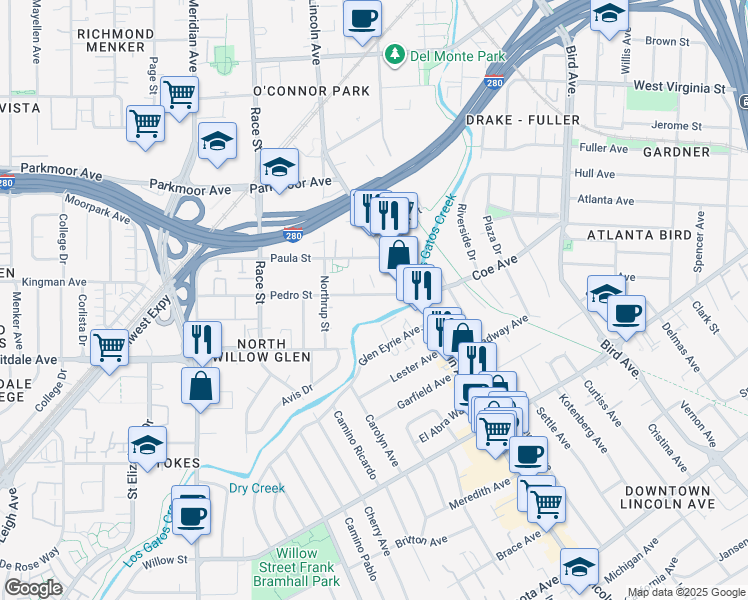 map of restaurants, bars, coffee shops, grocery stores, and more near 1150 Pedro Street in San Jose