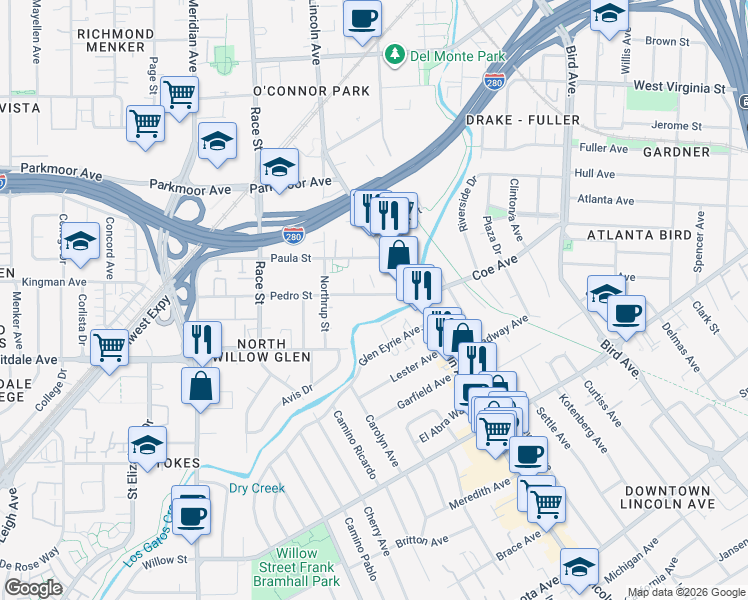 map of restaurants, bars, coffee shops, grocery stores, and more near 1150 Pedro Street in San Jose
