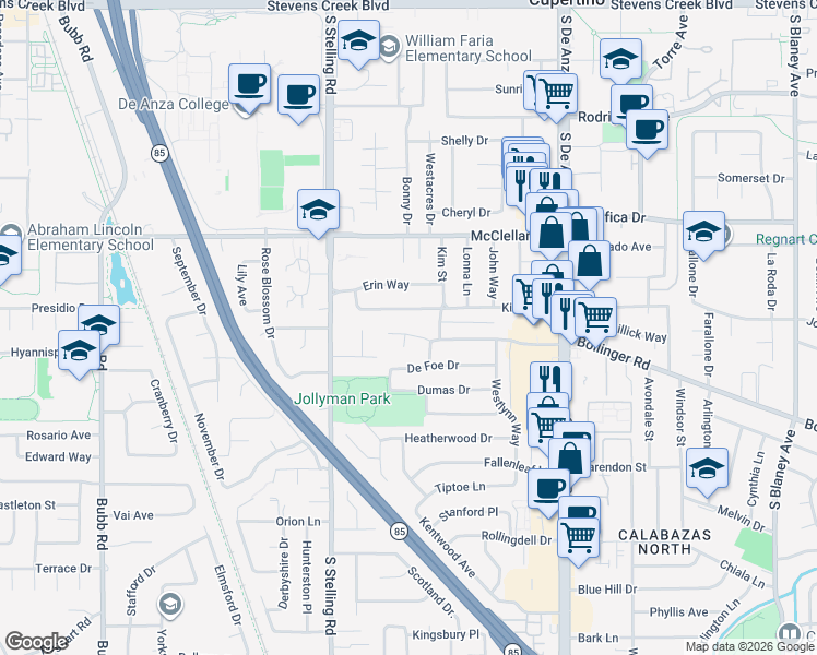 map of restaurants, bars, coffee shops, grocery stores, and more near 7572 Bollinger Road in Cupertino