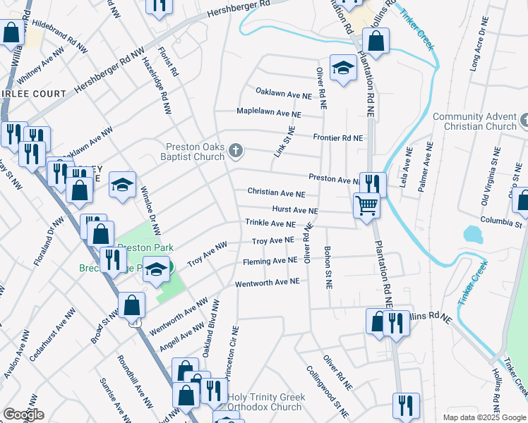 map of restaurants, bars, coffee shops, grocery stores, and more near 135 Hurst Avenue Northeast in Roanoke