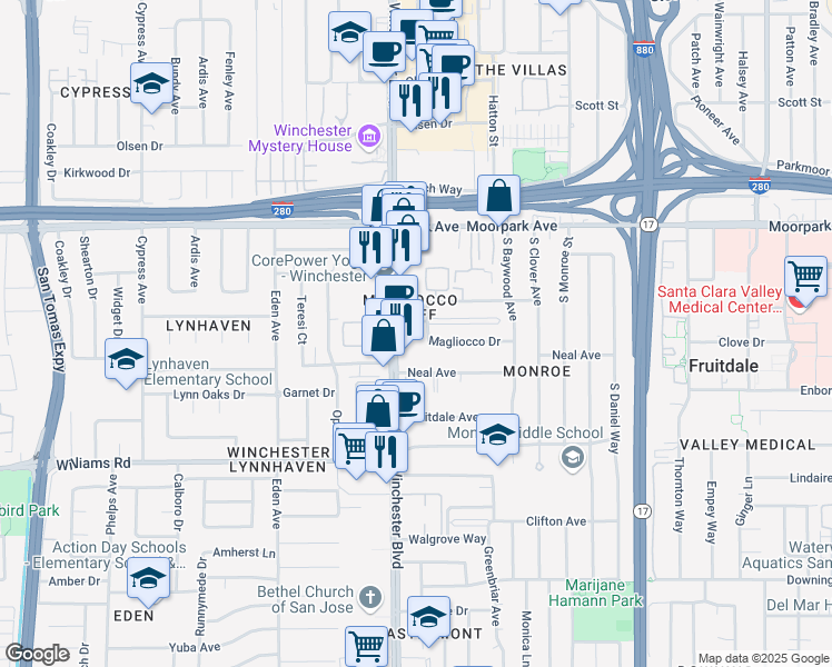 map of restaurants, bars, coffee shops, grocery stores, and more near 3050 Magliocco Drive in San Jose