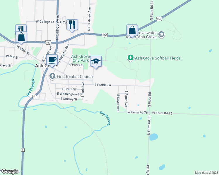 map of restaurants, bars, coffee shops, grocery stores, and more near 621 E Prairie Ln in Ash Grove
