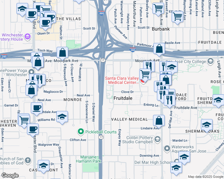 map of restaurants, bars, coffee shops, grocery stores, and more near 1018 Yarwood Court in San Jose