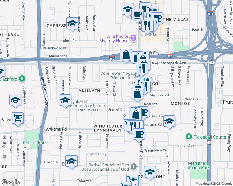 map of restaurants, bars, coffee shops, grocery stores, and more near 818 Teresi Court in San Jose