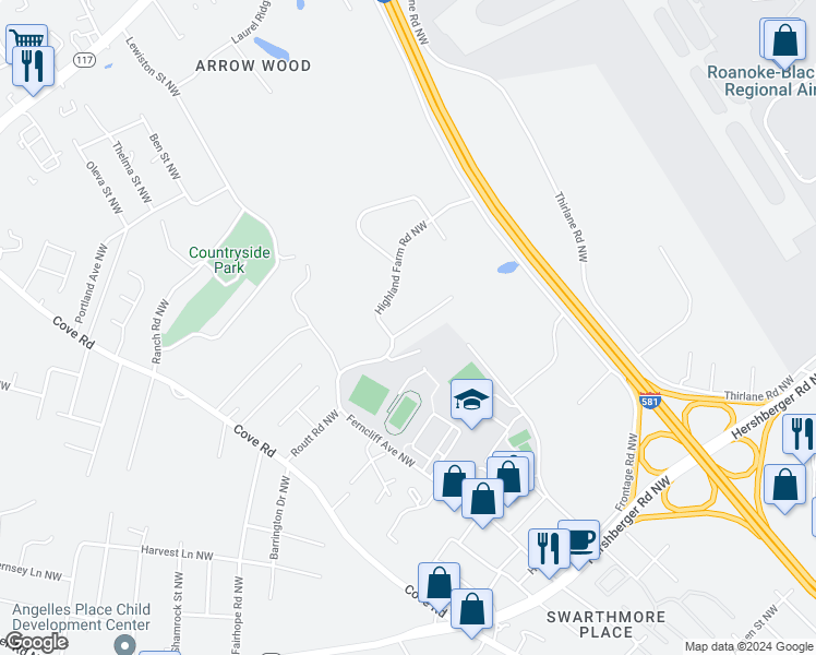 map of restaurants, bars, coffee shops, grocery stores, and more near 2200 Montauk Road Northwest in Roanoke