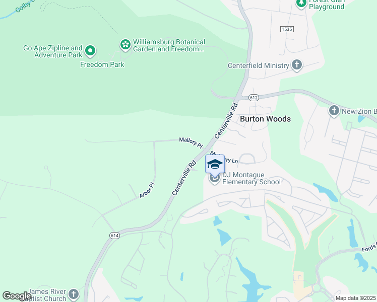 map of restaurants, bars, coffee shops, grocery stores, and more near 3601 Mallory Place in Williamsburg
