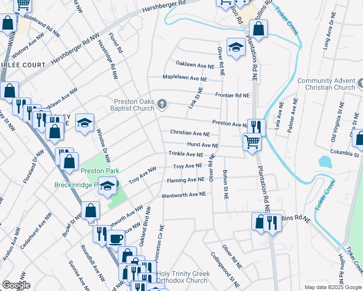 map of restaurants, bars, coffee shops, grocery stores, and more near 135 Hurst Avenue Northeast in Roanoke