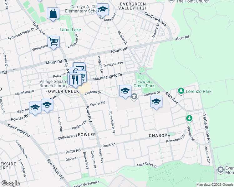 map of restaurants, bars, coffee shops, grocery stores, and more near 4074 Fowler Creek Trail in San Jose
