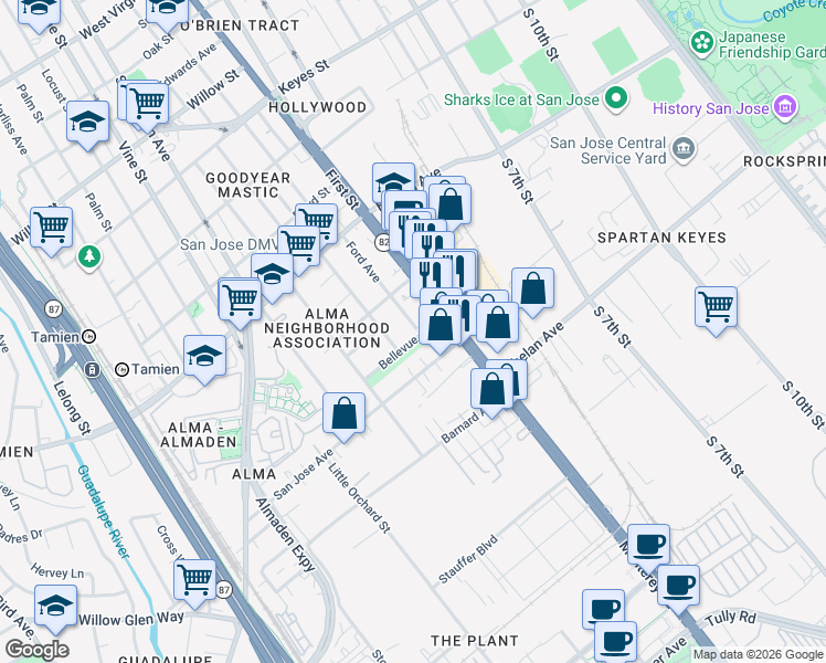 map of restaurants, bars, coffee shops, grocery stores, and more near 63 Bellevue Avenue in San Jose
