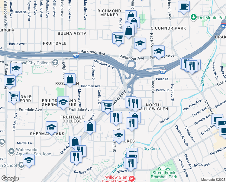 map of restaurants, bars, coffee shops, grocery stores, and more near 807 Deland Avenue in San Jose