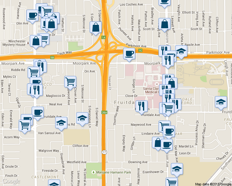 map of restaurants, bars, coffee shops, grocery stores, and more near 1018 Yarwood Court in San Jose