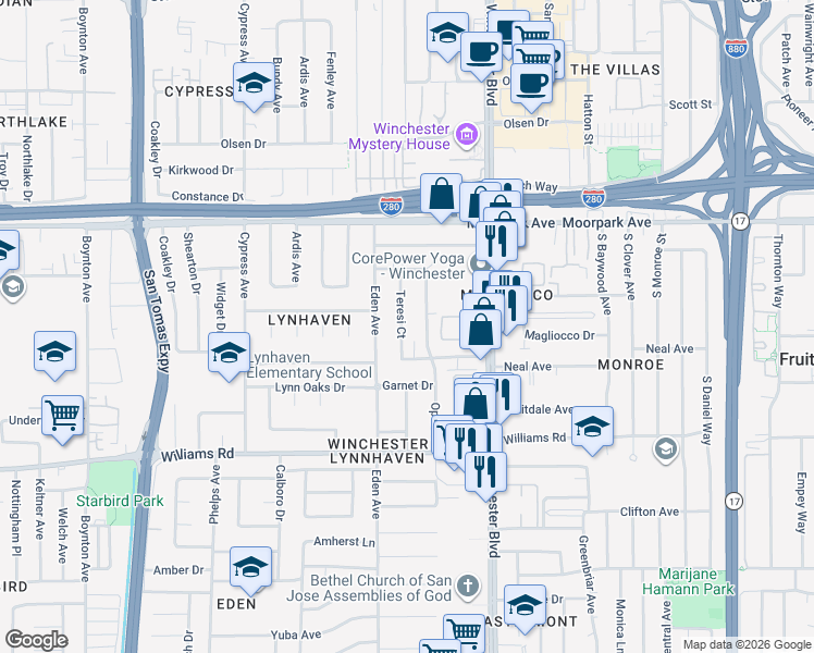 map of restaurants, bars, coffee shops, grocery stores, and more near 818 Teresi Court in San Jose